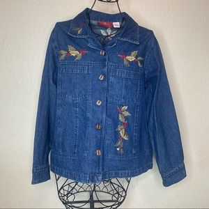 Holiday Lodge Northcrest Blue Embroidered Holly Berries Denim Jacket
